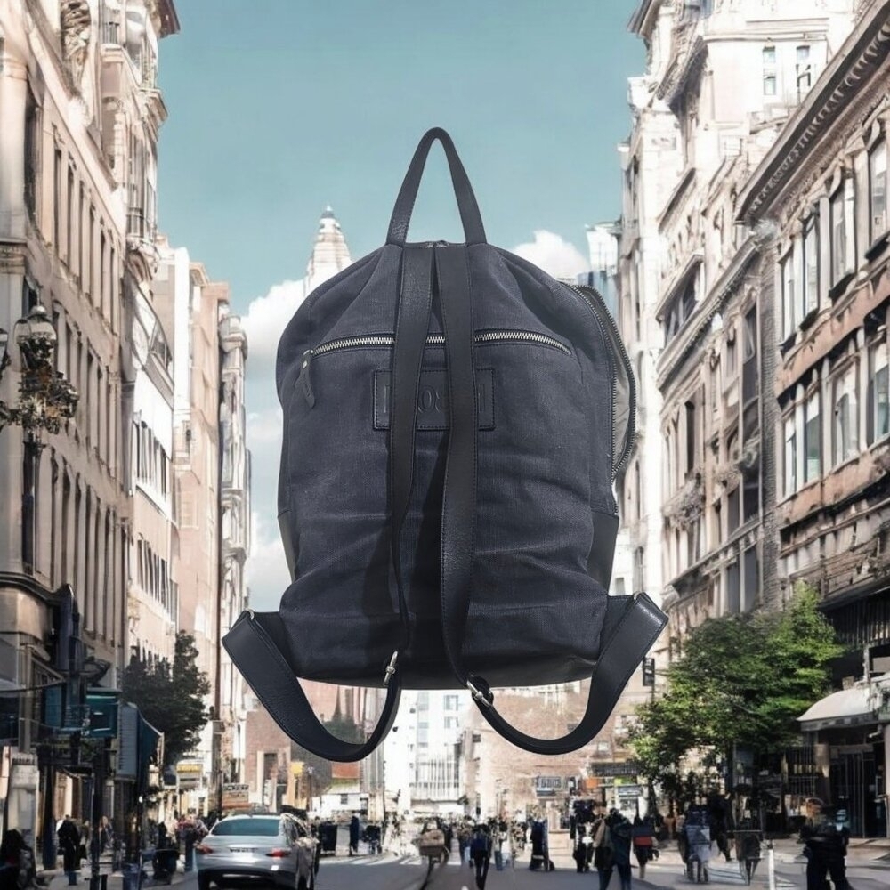 M0851 Leather & Canvas Backpack Black/ Blue